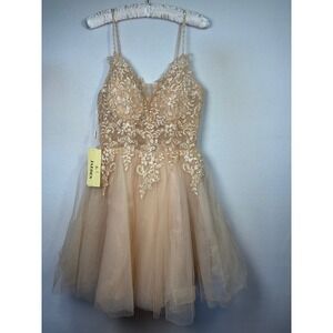 JAEDEN Cocktail Dress Womens 2 Champagne NWT Lace Tulle Glitter Homecoming Prom